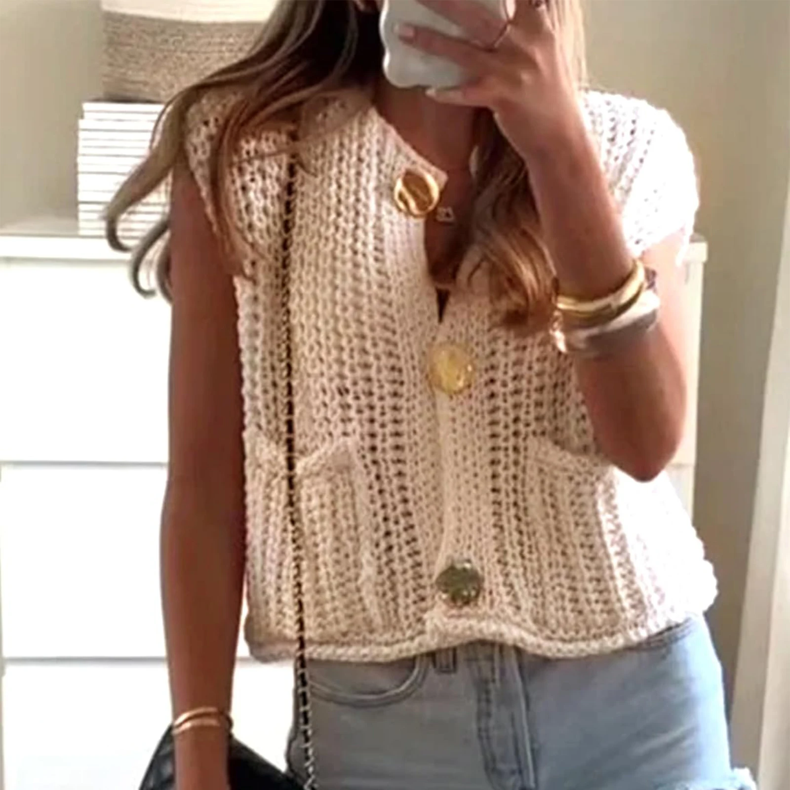Combhasaki Women Y2K Vintage Sweater Tank Tops Solid Color Golden Button Front V-Neck Loose Vest Sleeveless Cardigan with Pocket
