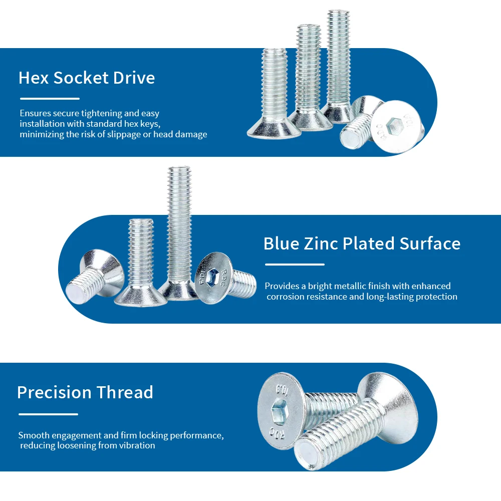 NINDEJIN مسدس المقبس غاطسة رئيس مسامير 10.9 الصف الأزرق الزنك الصلب M3-M16 عرافة المقبس شقة رئيس غطاء ألين المسمار DIN7991
