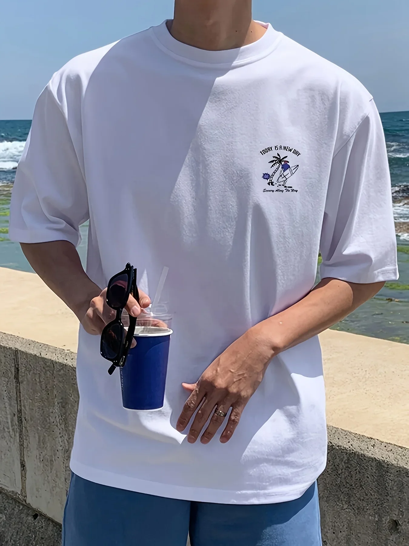 Men's 100% Cotton T-shirt with Surfer Palm Tree and Sun Linear Art Lettering Patterns. Summer Loose Fit Beach Surfing Casual Top