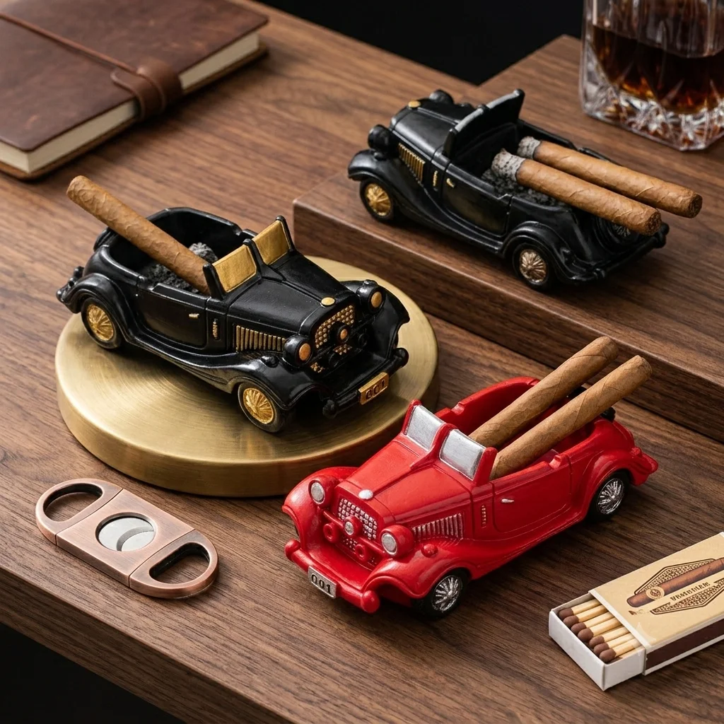 Vintage Classic Car Ashtray, Retro Vehicle Desktop Ornament for Cigar Lovers, Creative Desk Decor Gift for Men and Car Enthusias