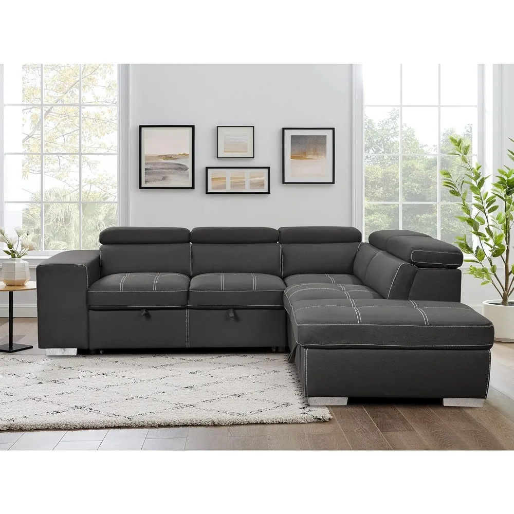 Sectional Sleeper Sofa with Pull-Out Bed, Chaise & Storage Ottoman 5 Seater L-Shaped Couch with Adjustable Headrest and Stools