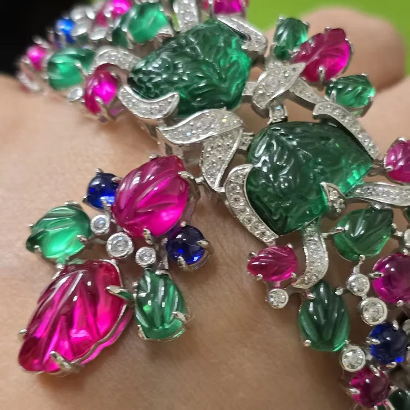 ARIGAYA 925 Sterlimg Silver With Red Green Blue Engraved Gemstone Colorful Fruit Style Bracelet For Women Fine Jewelry