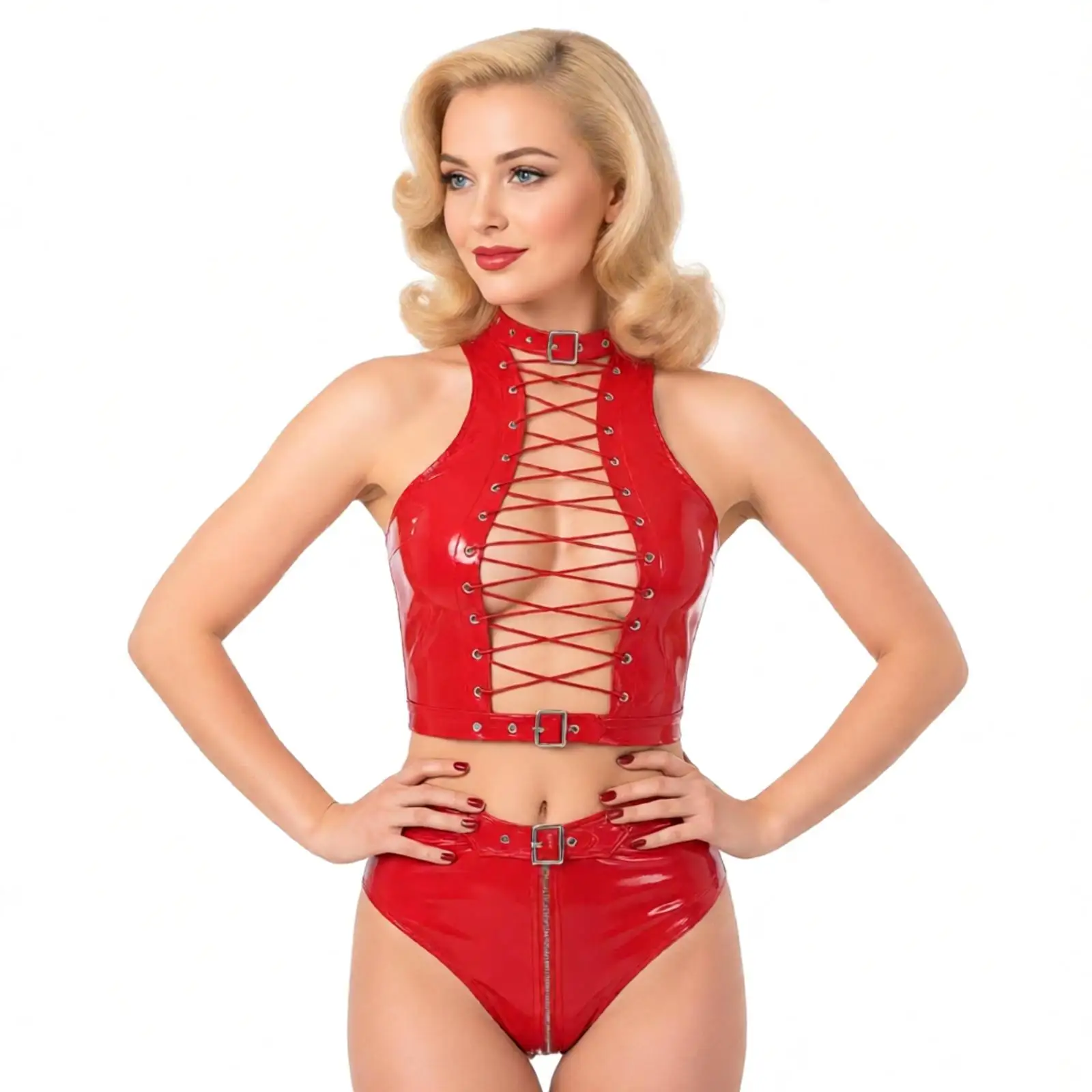 Women Punk Rock Leather Outfits Hollow Out Lace-up Bustier Bra With High Waist Briefs Lingerie Set Nightwear Pole Dance Clubwear