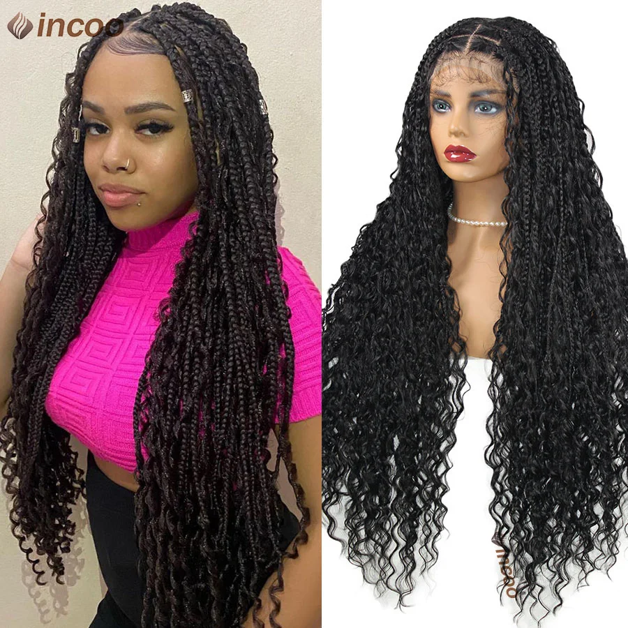 

Boho Synthetic Full Lace Wigs Cornrow Braided Wigs Knotless Box Braids With Curly 32' Long Goddess Braiding Wigs For Black Women