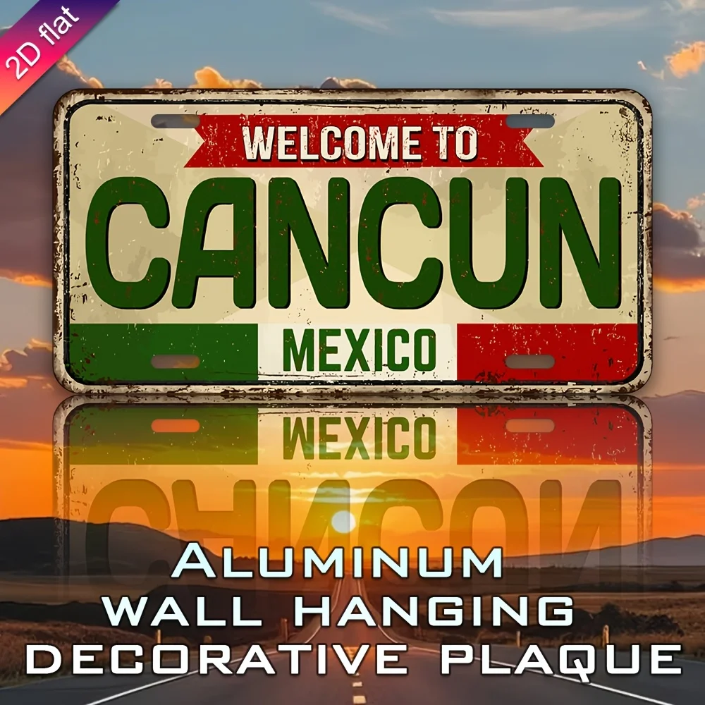 Aluminum Metal License Plate Wall Decor - UV Printed  Cancun Mexico Design with Green/Red/White Stripes,  Indoor/Outdoor Holiday