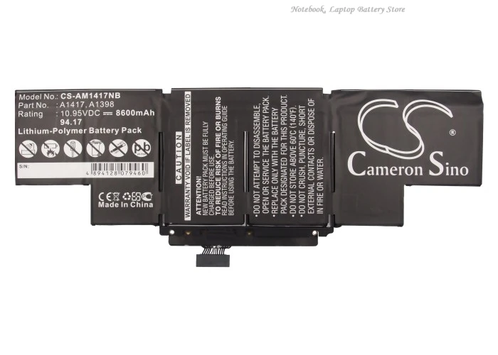 Replacement 10.95V 8600mAh Laptop Battery A1417 for Apple MacBook Pro Core i7 2.3 15