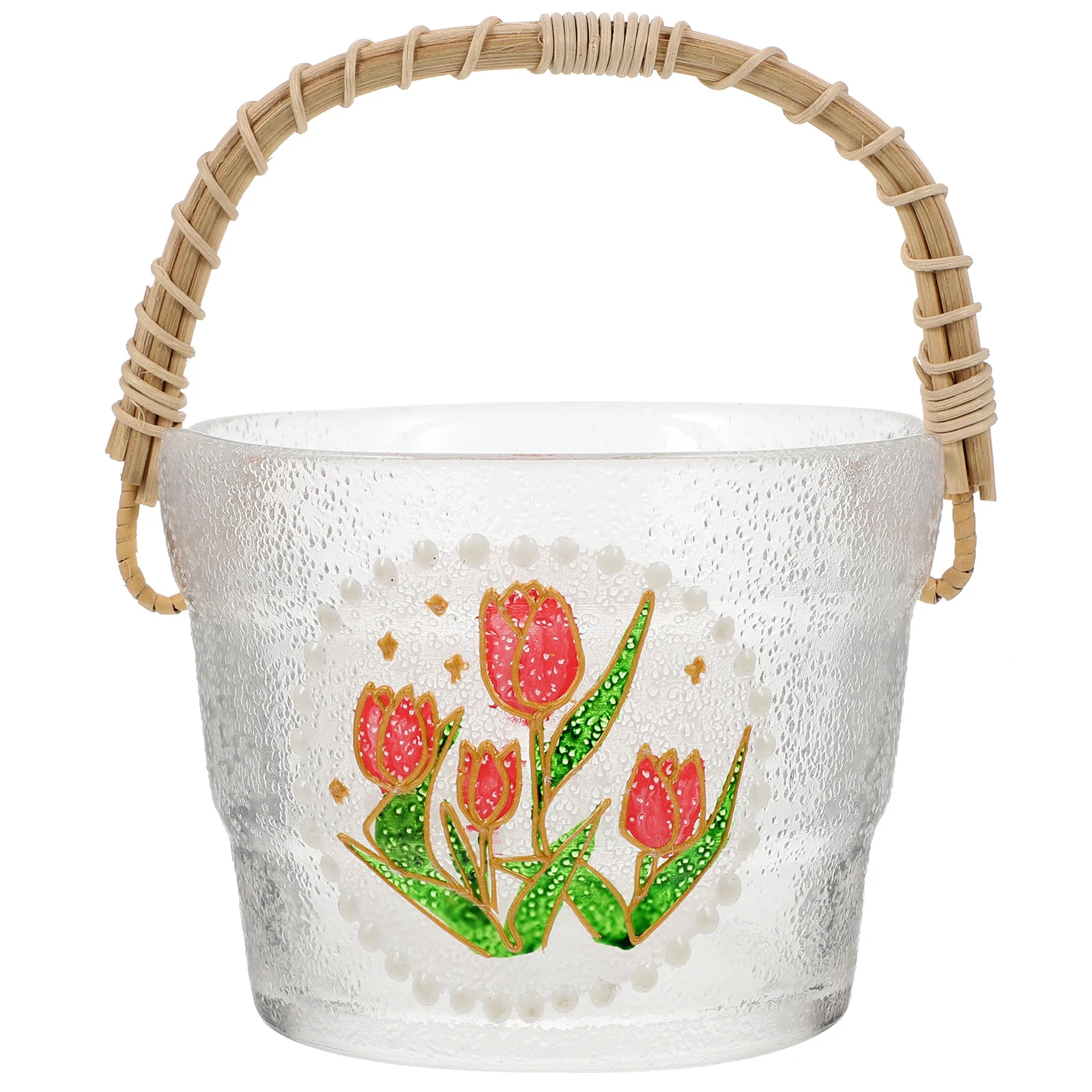 

Rattan Handle Fruit Bucket Glass Ice Cube Container Bar Wine Beer Party Beverage Cooler Fruit Bucket Beverage Cooler
