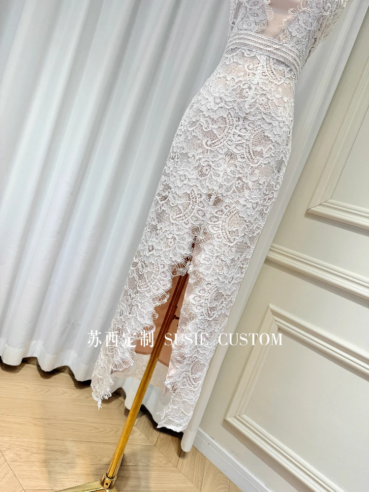 فستان سهرة فرنسي أنيق اجتماعي دانتيل مرقع رسن خارج الكتف بدون أكمام عالي الخصر سبليت Bodycon فستان طويل للنساء