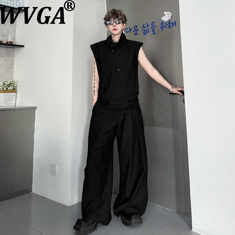 WVGA Spring Summer New Man Solid Color Stand Collar Button Decorated Vest Niche Chic Casual Straight Pants Two Pieces Set W22006