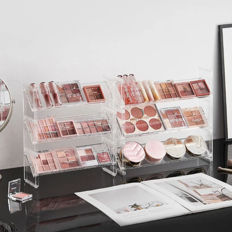 1 Piece Three-Tier Cosmetic Display Stand, Desktop Storage and Display Rack, Stackable Transparent Design, Can Hold Eyeshadow Palettes, Blush, Desktop Toys, Groceries, and Other Items, Saving Desktop Space