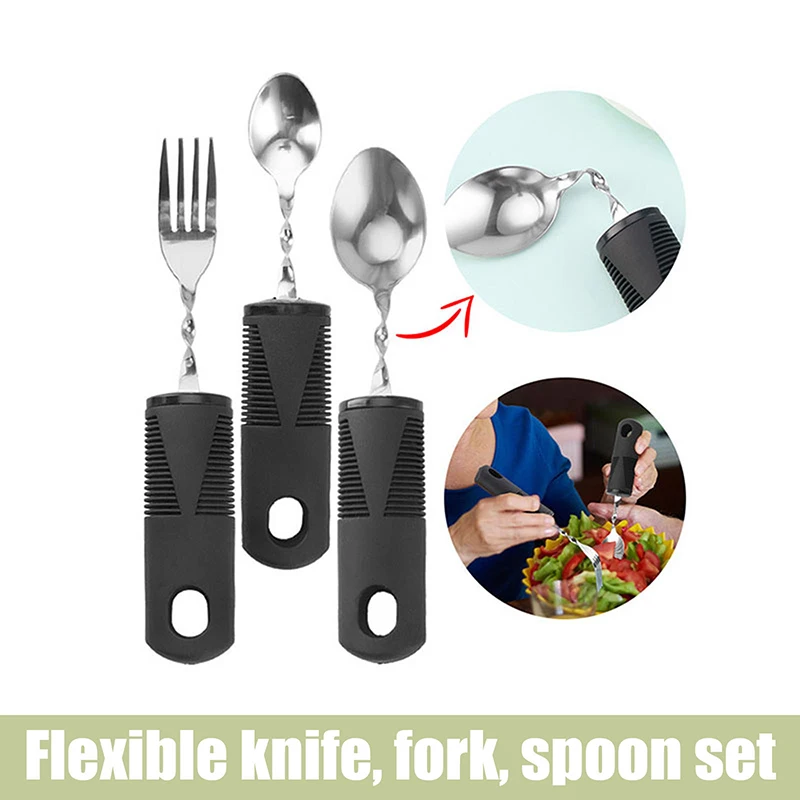 *2/3Pcs Stainless Steel Bendable Adaptive Cutlery Textured Handle Utensils Disabled Fork Spoon Parkinson Adaptive Elderly Adults