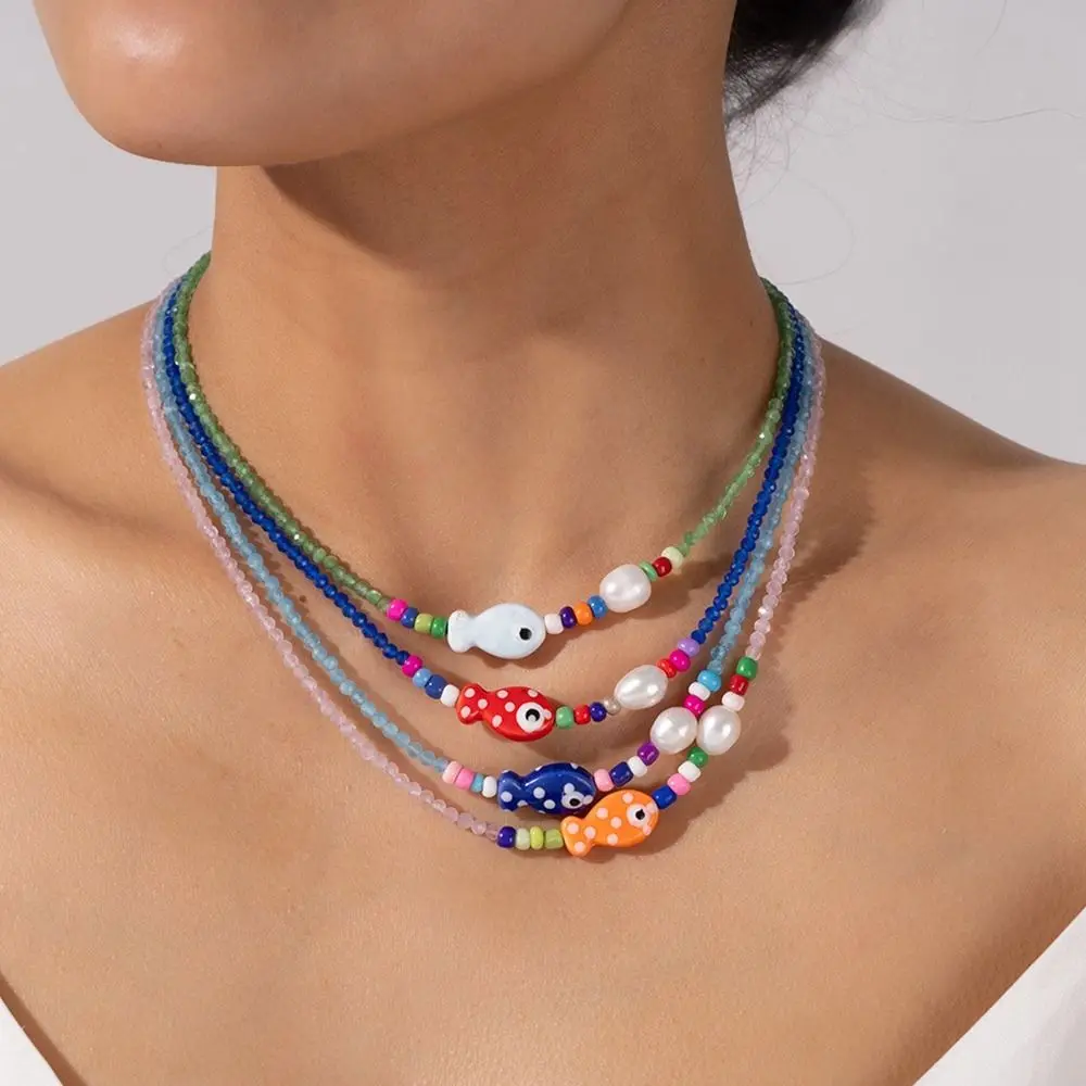 Fashion Bohemia Mini Fish Necklace Jewelry Colorful Fish Pendant Necklace Handmade Beads Chain Choker Summer