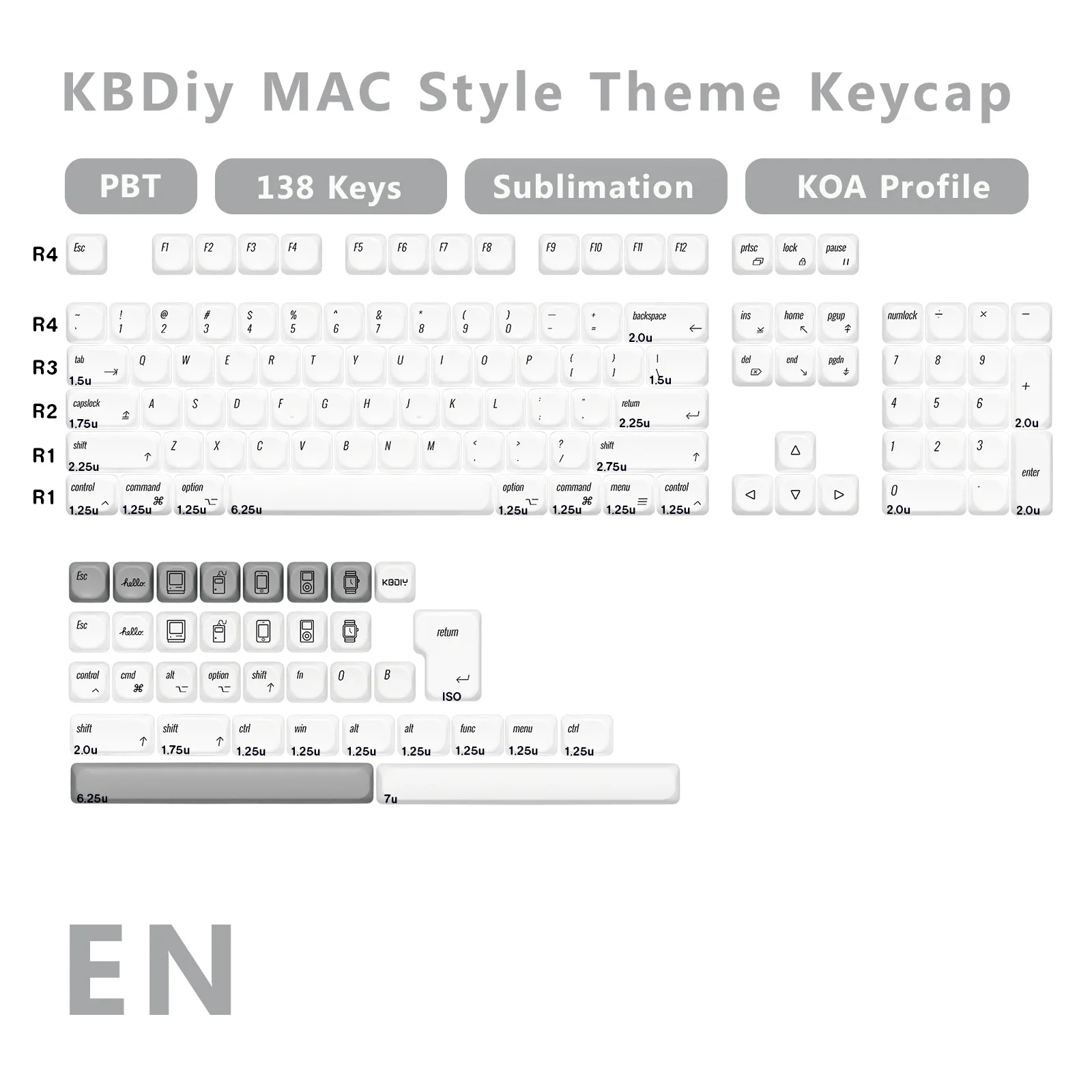 

KBDiy 143 клавиш/набор KOA Profile MAC Ретро тема Keycap PBT белые колпачки для клавиш на заказ для механической клавиатуры игры для ajazz ak820 pro