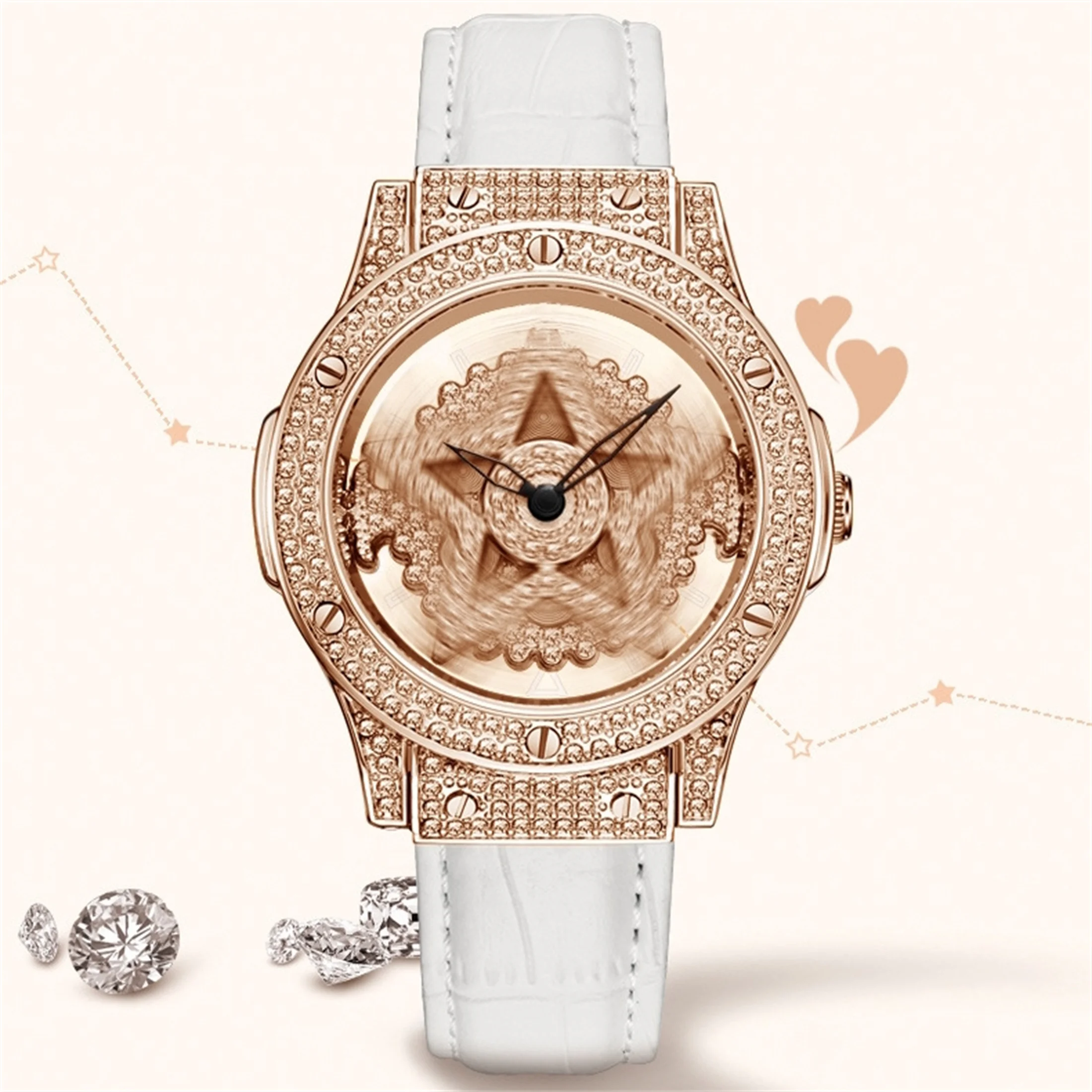 Womens Watches Light Luxury Fashion Rotating Dial Original Quartz Wristwatch for Girl Full Sky Star Diamond Waterproof 4391