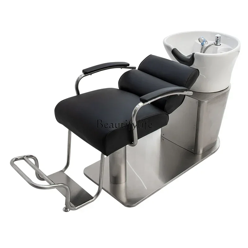 

LStainless Steel Barber Shop Flushing Bed Half Lying Ceramic Basin Shampoo Chair Adjustable