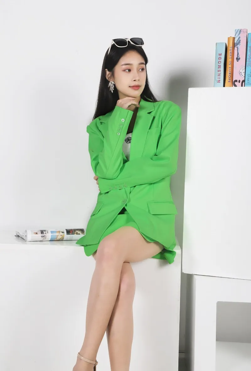 Yuerwang Women Blazer Set Skirt Suit Green Shouder Padded Oversized Coat Jacket 2022 Long Sleeve Single Button Skirt