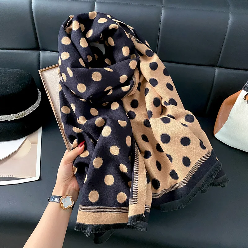 2024 Autumn Winter Retro Cashmere Scarf Fashion Woman Versatile Polka Dot Double-sided Color Matching Pashmina Thick Warm Shawl