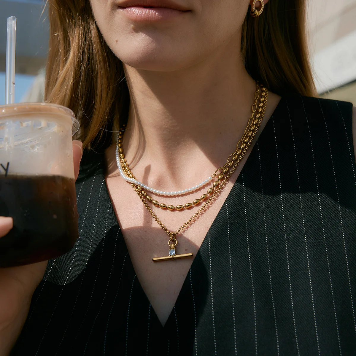 Ars Stainless Steel T Bar Pendant Necklace for Women 18k Gold Plated Chain Necklaces with Zircon Non Tarnish Stackable Necklaces