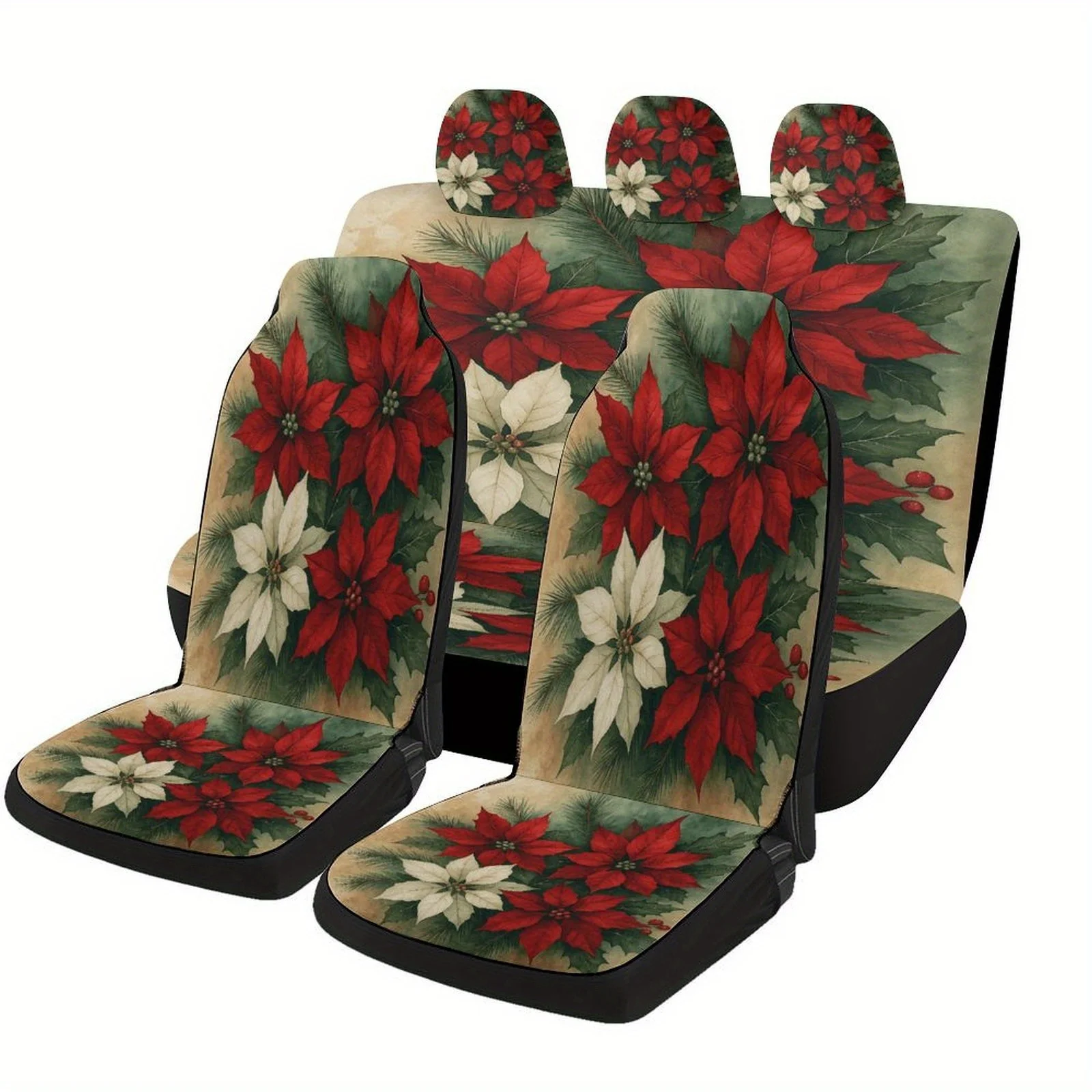 

Poinsettia Bouquet Designed Car Seat Cover Set For Most Cars, Trendy Novelty High-quality Car Seat Protector Covers Full Set, Un