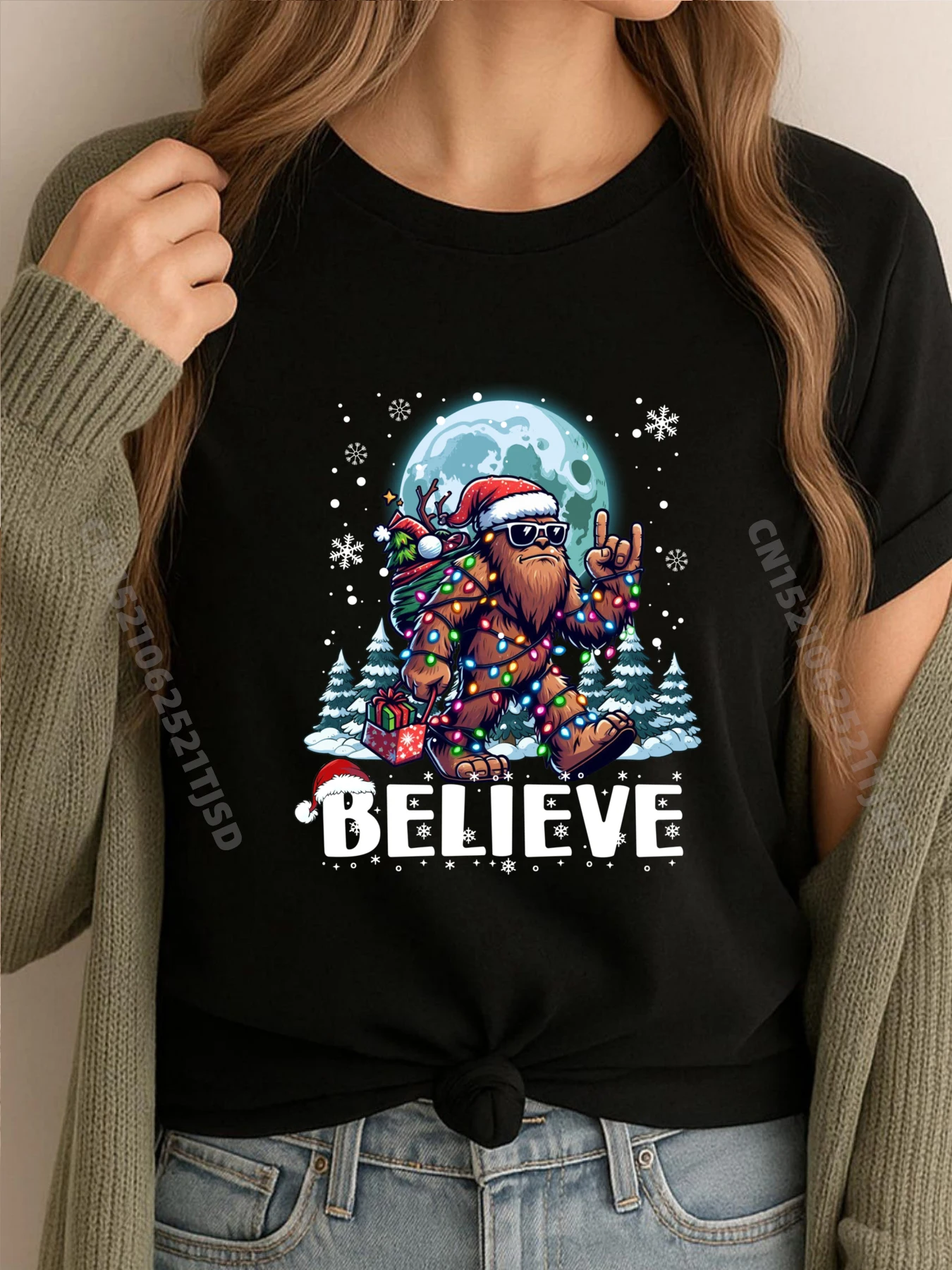 

Санта-Снежный человек Рождественские огни Sasquatch Believe Рождественские женские футболки с рисунком Футболки Топы и футболки Пасхальное воскресенье