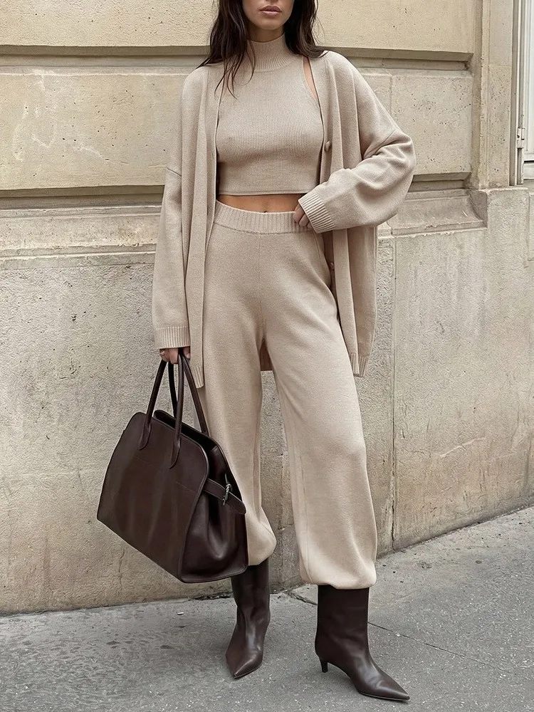Knitted Cardigan Wide Leg Pants Three Piece Set Casual Loose Style mid Waist Straight Tube Pants Pure Color PVC Fabric