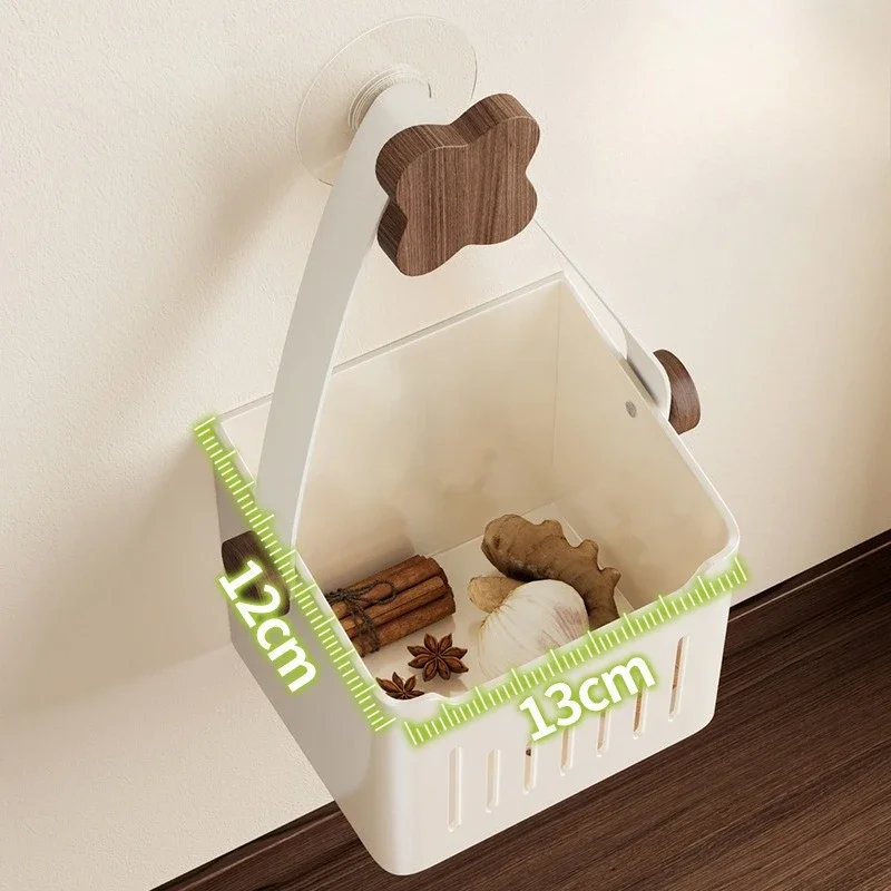 Walnut wood kitchen onion, garlic and ginger storage box suction cup shelf wall hanging basket no punch 5