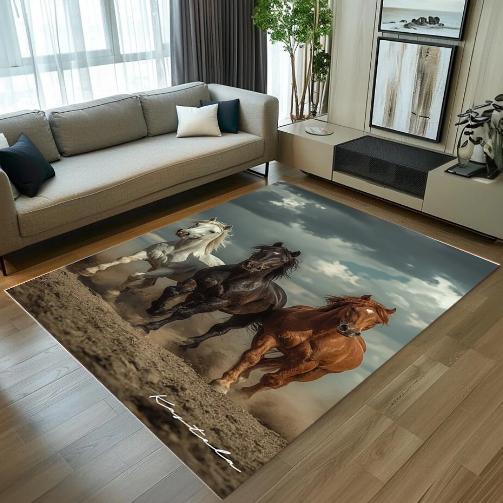 Alfombra con área de caballos galopantes, alfombra 3D realista con estampado de caballos blancos, negros y marrones, alfombra moderna antideslizante para decoración para sala de estar