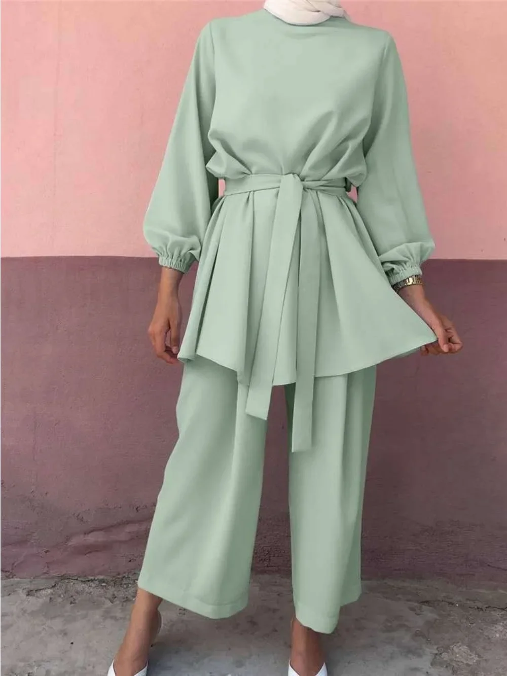Eid Two-piece Muslim Sets women Abaya Turkey lace-up shirts Caftan Kaftan Islamic 2 Piece Set Women Musulman Ensembles Outfits