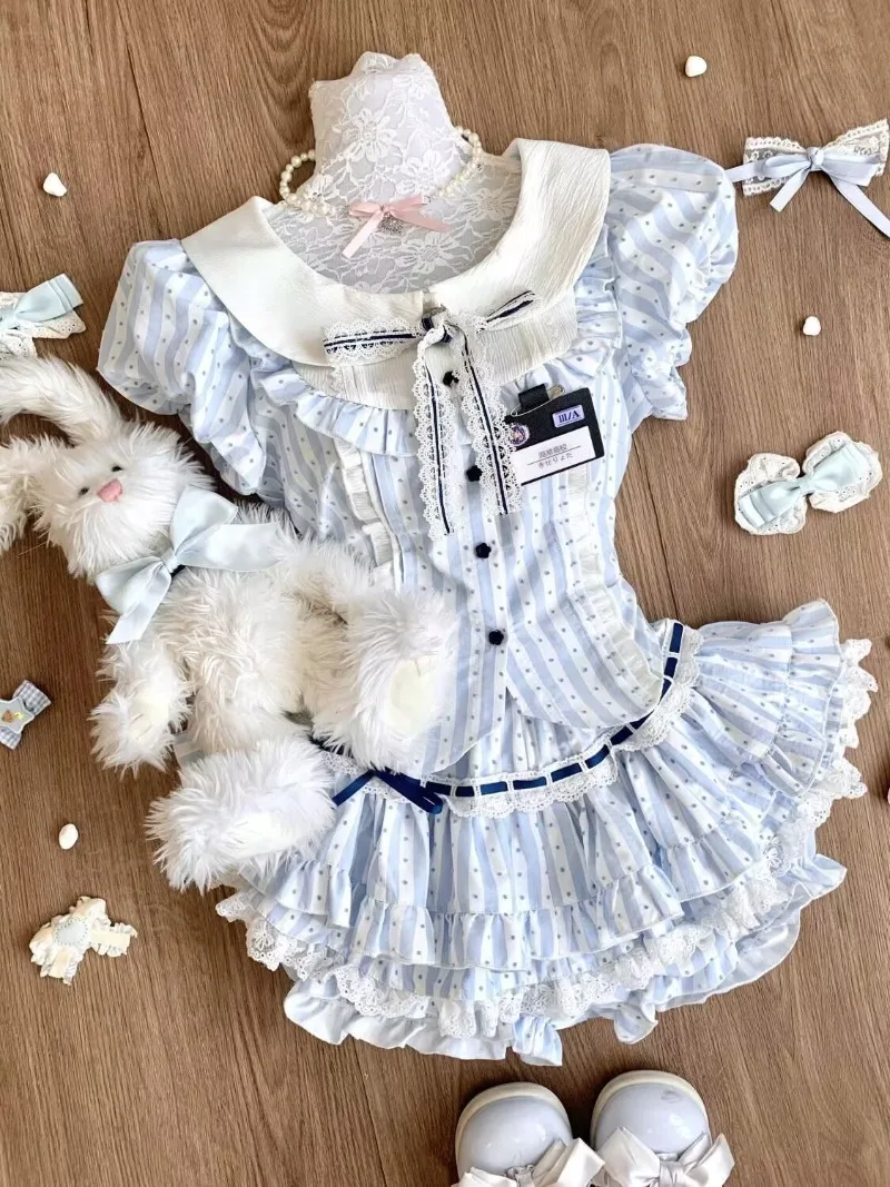 

Летний новый милый бант для девочек в полоску в горошек, кукольный воротник, топ, кружевные юбки-торты, кавайная мини-юбка в стиле Лолиты для девочек, комплект из двух предметов