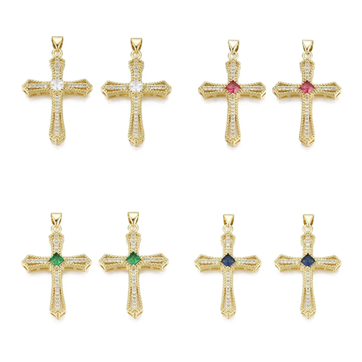 Pandahall 5Pcs Gold Color Cross Brass Micro Pave Cubic Zirconia Pendants with Brass Snap on Bails For Necklace Jewelry Making