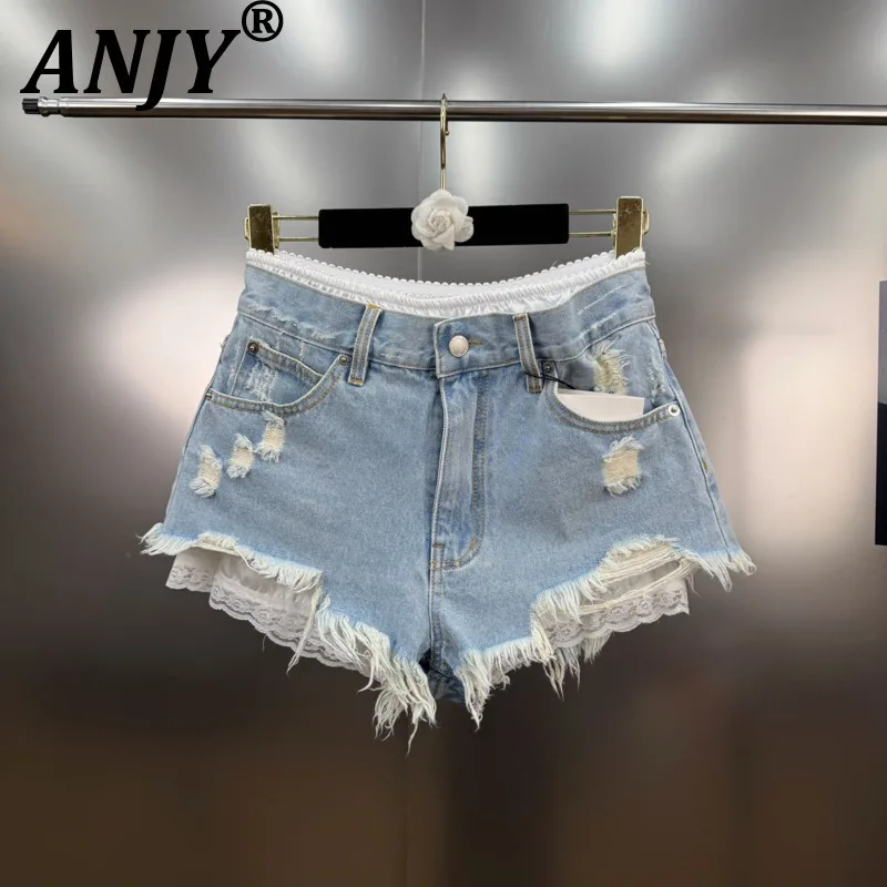 

ANJY Summer New Women American Retro Streetwear Chic Lace Patchwork Ripped Hot Jeans Tide Burr Fake Two-piece Denim Shorts A7691