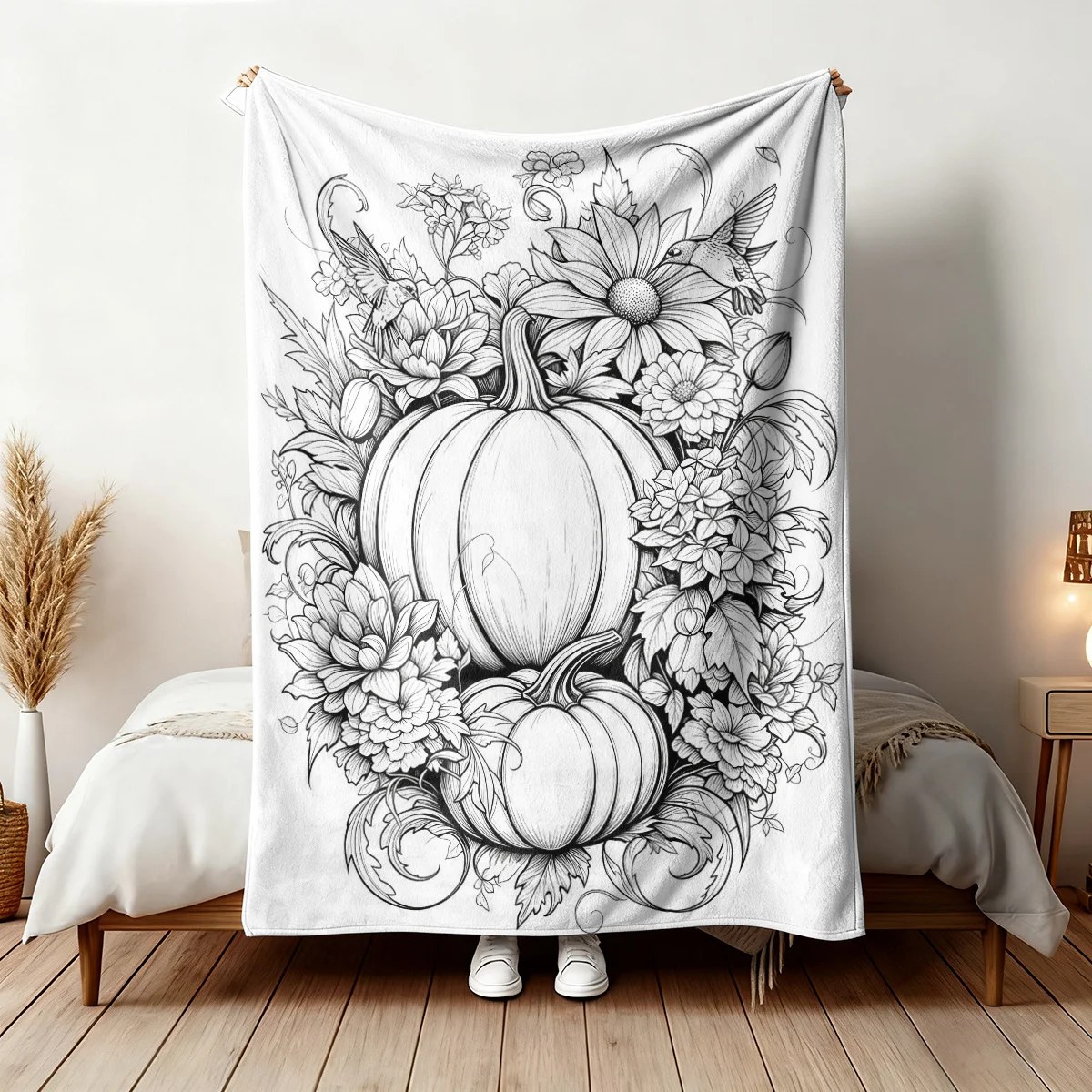 Autumn Pumpkin Floral Line Art Boho Throw Blanket Cozy Fall Harvest Decorative Print for Sofa Bed Halloween Seasonal Decor