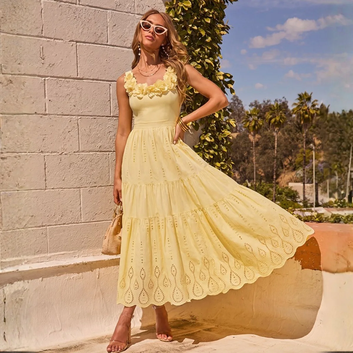 One Piece Swimsuit Women French Elegant Yellow 3D Floral Tube Top Beach Vacation Swimwear Skirt New Beachwear Bathing Suit