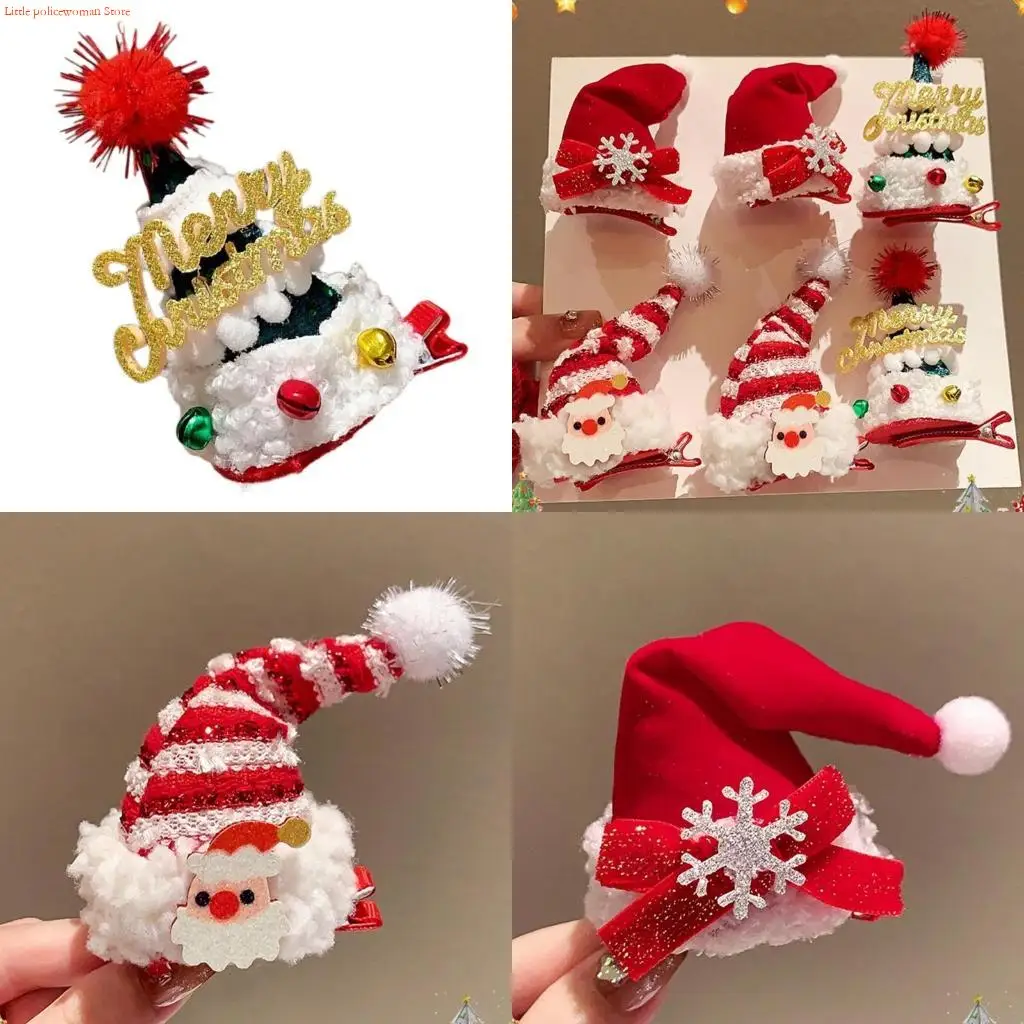 F92D Santa Hats/Christmas Tree Hair Clip for Christmas Festival Duckbill Clip Kids Girl Hair Pin Holiday Celebration Accessory