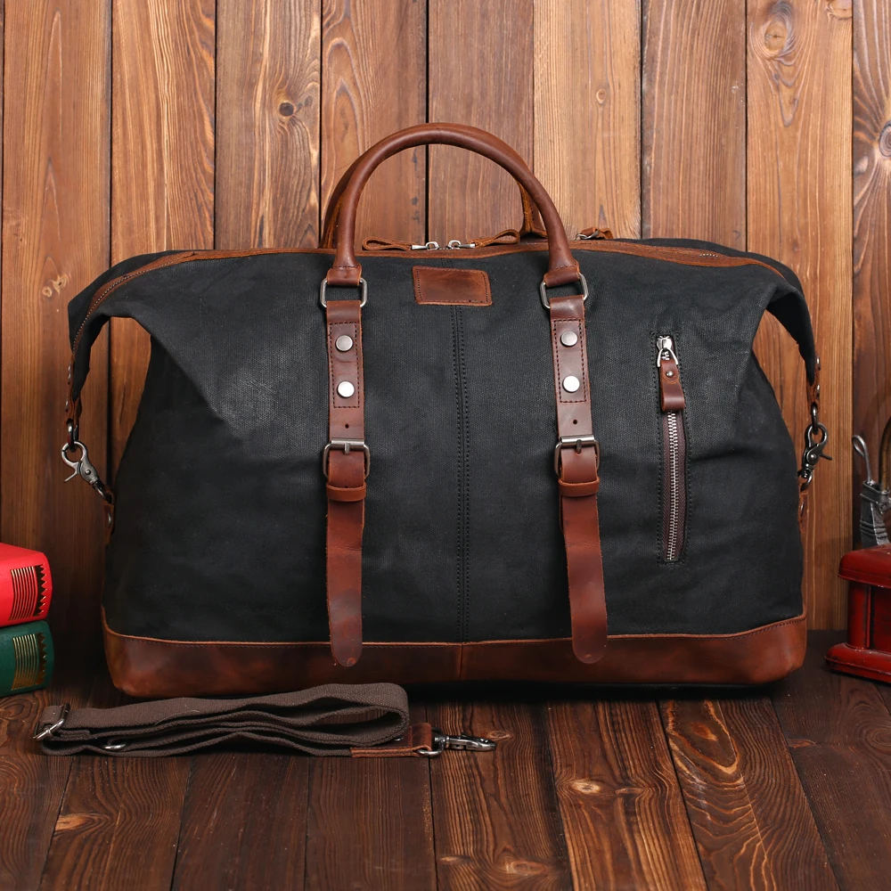 Large capacity fashion simple canvas with leather waterproof duffel bag