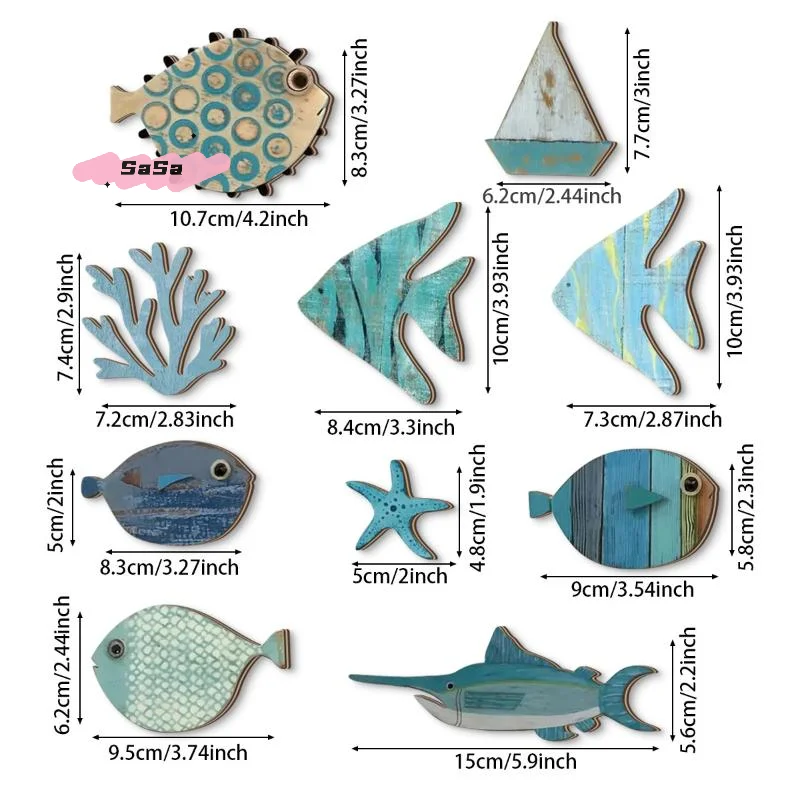 10 قطعة/المجموعة خشبية الأسماك جدار ديكور بحري الساحلية المحيط الفن الشاطئ موضوع معلقة الأسماك للحمام ديكور المنزل