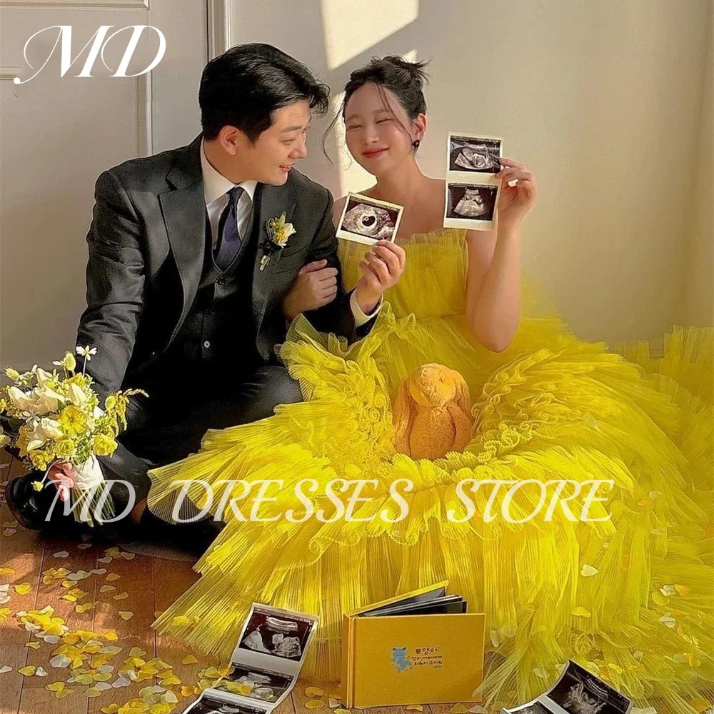 

MD A-line Fairy Yellow Wedding Dresses Tulle Strapless Ruffles Bride Gowns Korea Tiered Pleat Photo shoot Customized 2025 웨딩드레스