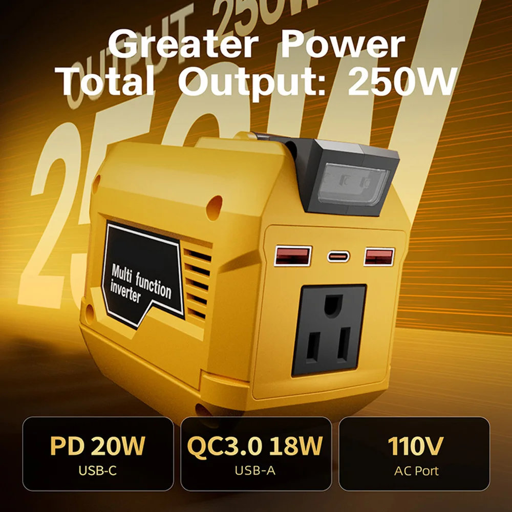 250W Power Inverter DC 12V to AC 110V Modified Sine Wave – Portable Car Inverter for  DeWalt with Dual USB QC 3.0 & PD 20W, LED Light, 8 Protections