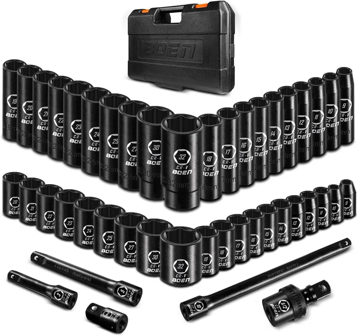 45PCS 12 Inch Drive Metric Socket Set Impact Deep Shallow Socket 9mm 32mm 6 Point Lug Nut Auto Repair Portable Case CR V Steel