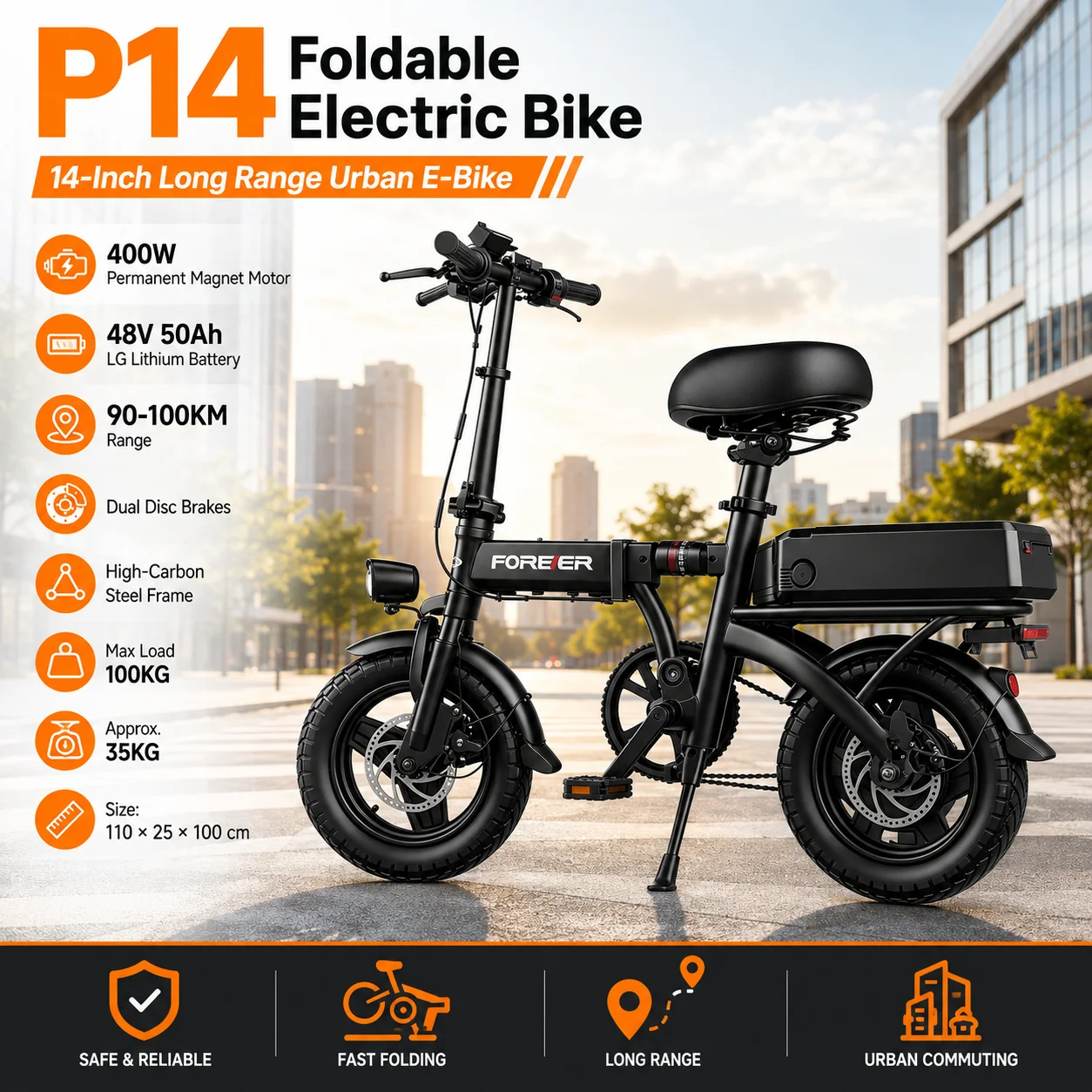 

14-Inch E-Bike Long Range Folding E-Bike P14 with 400W Motor 48V 50Ah LG Battery High-Carbon Steel Frame and 100KG Capacity