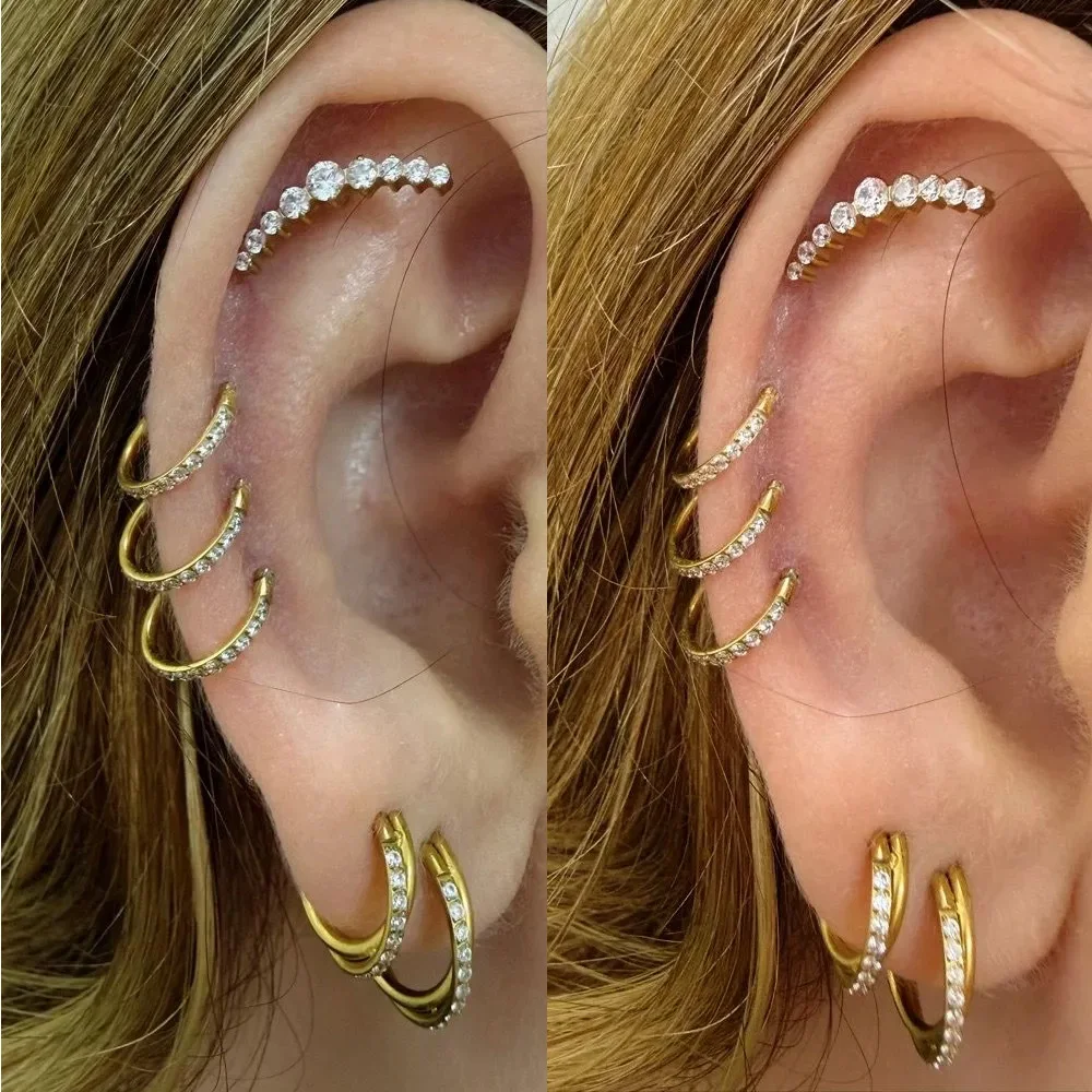 ASTM F136 Titanium D Shape Nose Clicker with Full CZ 16G Hinged Segment Hoop Conch Helix Ear Piercing Body Jewelry