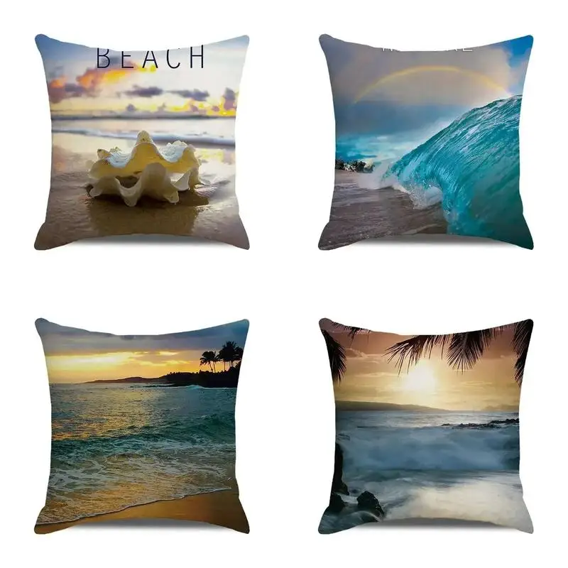 Beach Scenes: Waves, Shells And Sunset Pattern Cushion Cover Suitable For Sofa Bedroom Car Pillow Cover