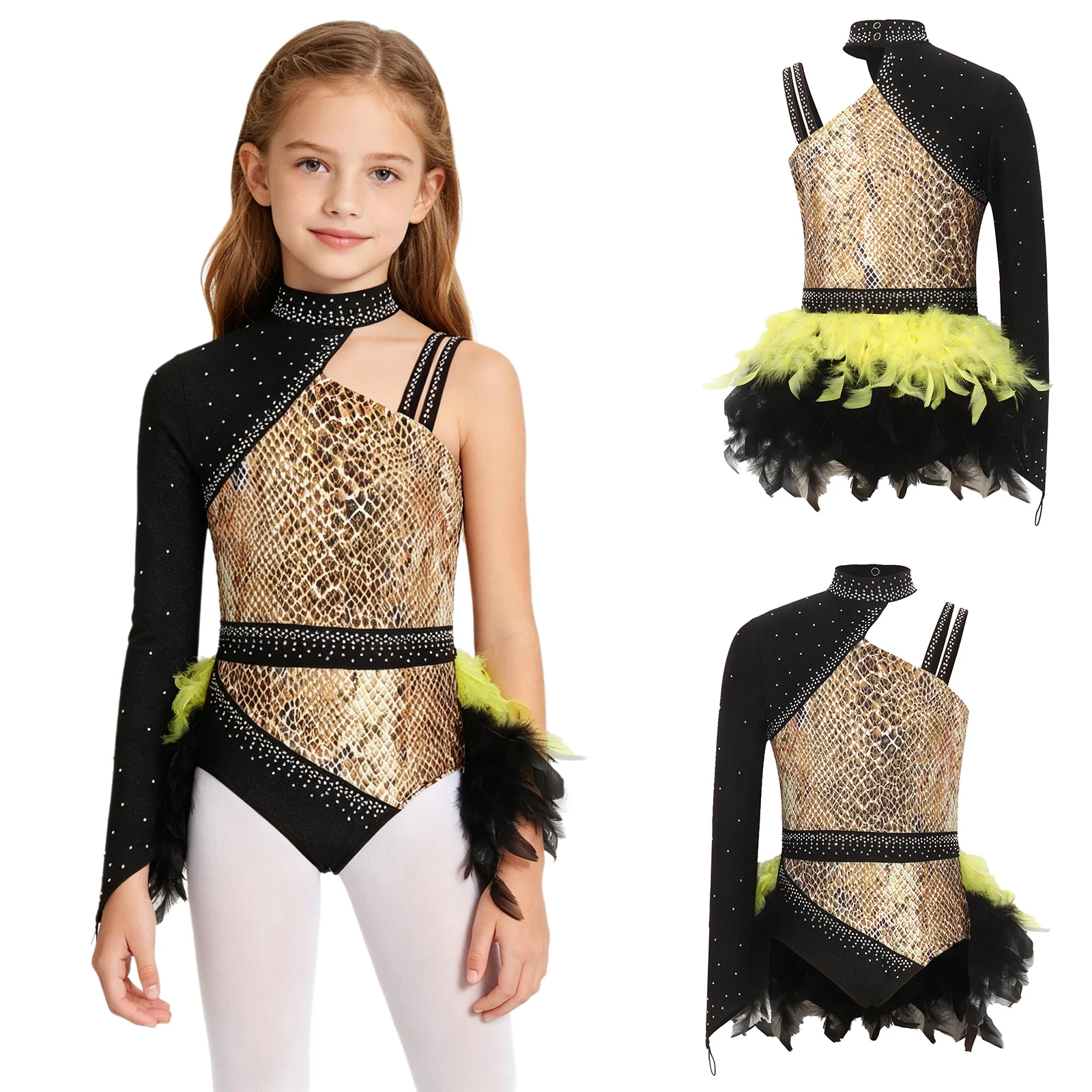 Kids Girls Jazz Dance Bodysuit Dress Figure Skating Gymnastics Acrobatics Ballet Leotard Shiny Rhinestone Feather Tutu Dancewear