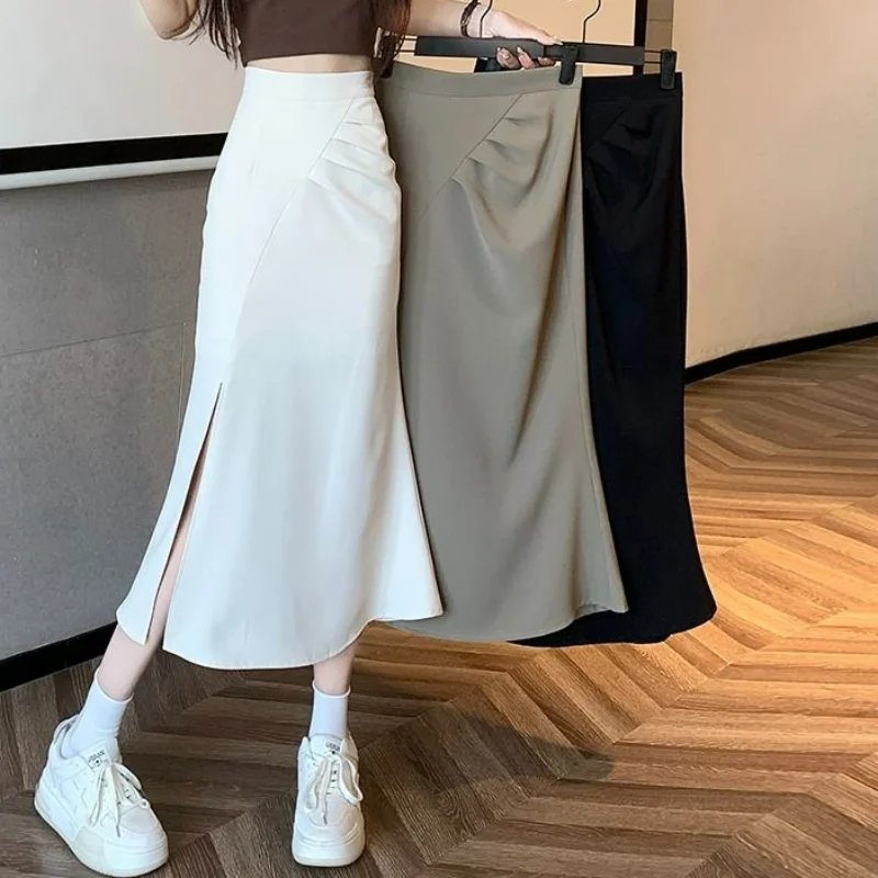 

High Waist Slim Pleated Solid Color Design Sense Midi Skirts Faldas Mujer Moda 2023 Summer Split Hip Package Trumpet Chic Jupe