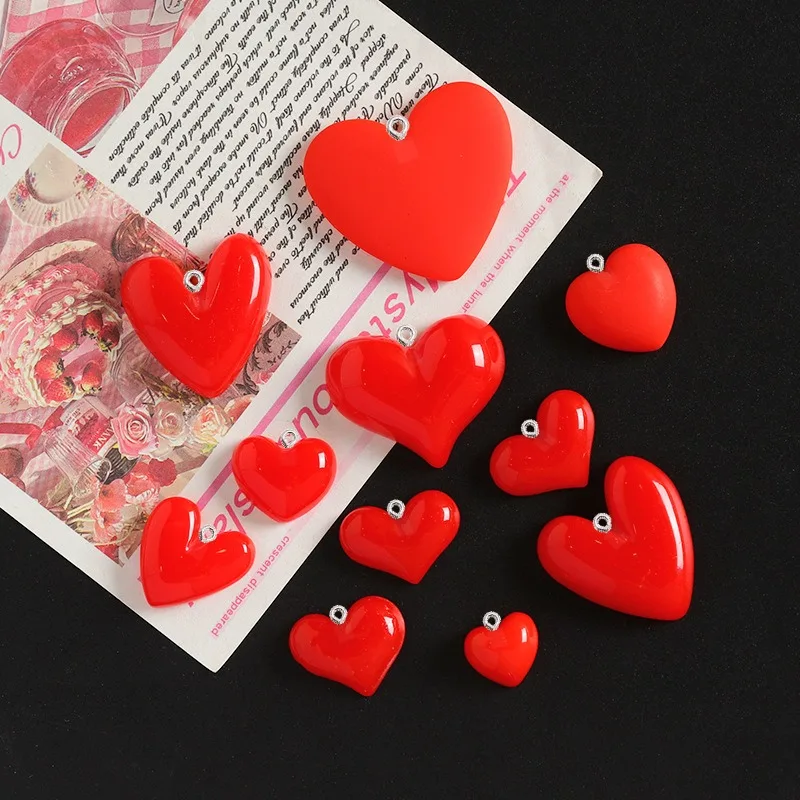 10Pcs Red Love Heart Resin Charms Glossy Pendants With Eye Pin DIY Jewelry Making Supplies For Necklace Earrings Keychain Ring