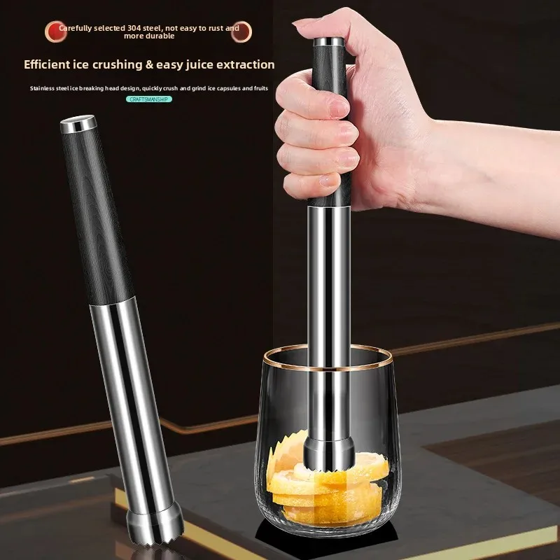 304 stainless steel ice crusher black wood shaker cup juice press stick lemon muddler manual fruit juice press
