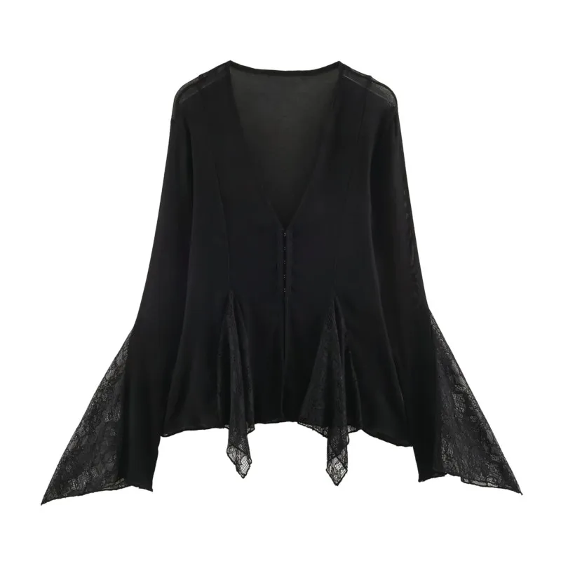 

Women's Lace Patchwork Shirt Summer New V-neck Flare Sleeve Casual Blouses Fashion Elegant Female Commute Tops