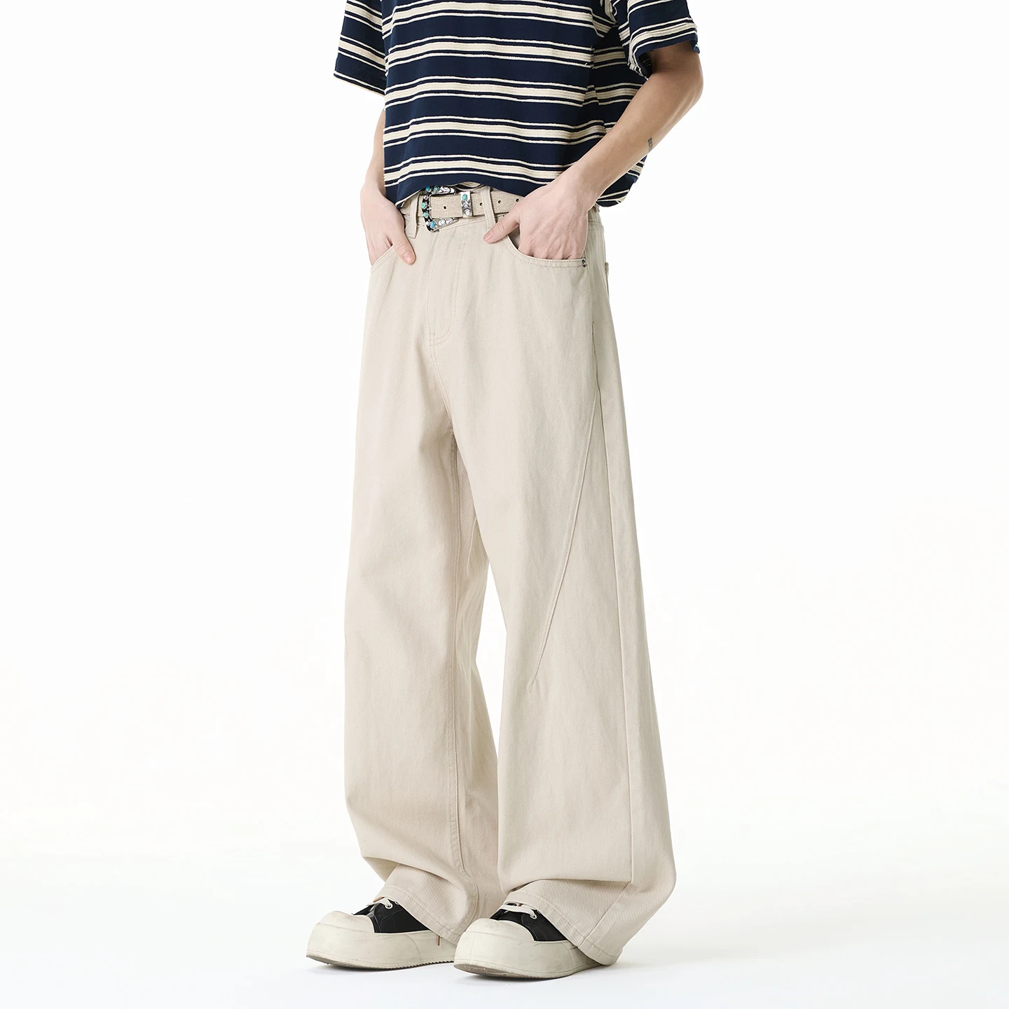 Calças jeans 100% algodão para homens, nova tendência 2026, calças casuais de perna larga para homens e mulheres, calças retas soltas de cor sólida.
