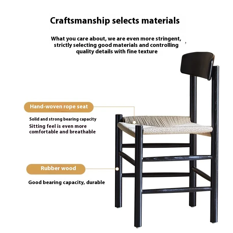 2025 جديد منتصف القرن الحديثة خشب متين الطعام كرسي المنسوجة يدويا حبل القنب مسند الظهر أثاث المكاتب المطبخ المنزلي