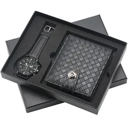 2 Pcs/Set Fashion Men Watch Wallet Gift Box Quartz Wristwatch Leather Strap Male Wallets Purse Birthday Gift for Father Husband
